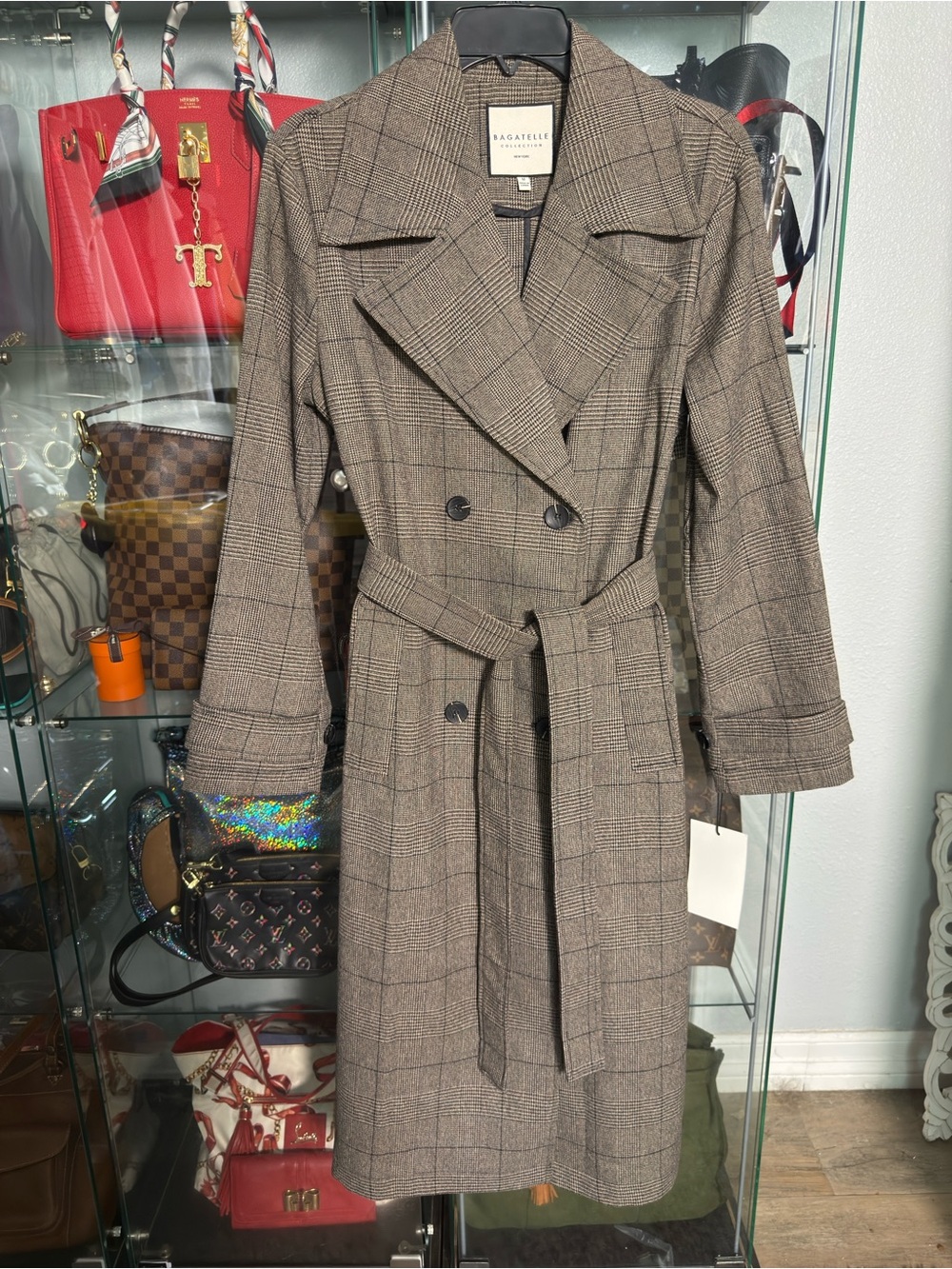 Bagatelle Collection Womens Plaid Trench Coat Brown Tan Double Breasted Medium